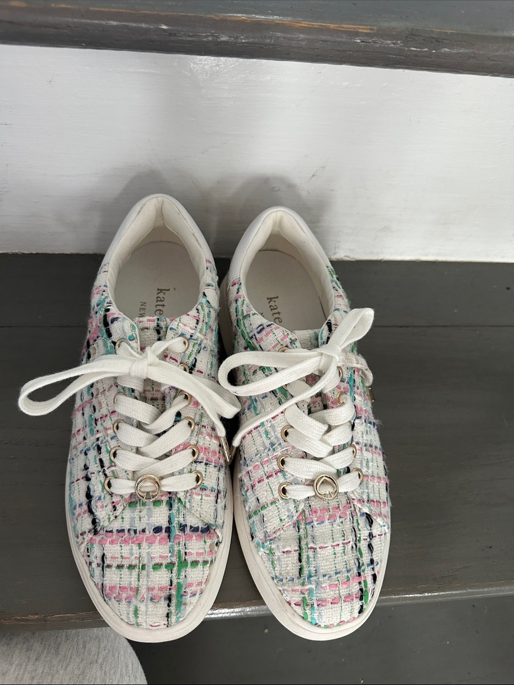 kate spade White Tweed Sneakers with Pastel Multicolor Accents